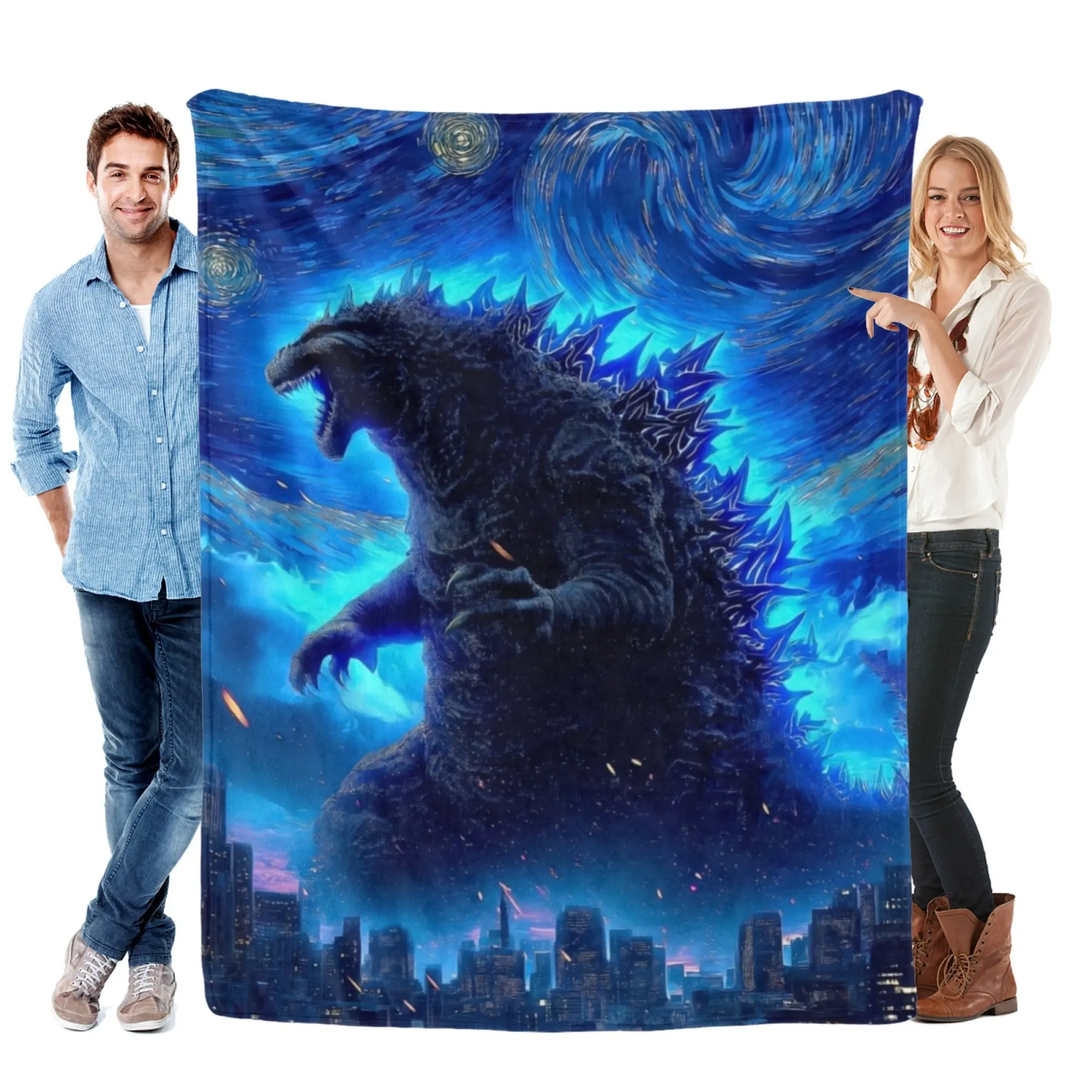 Godzilla Van Gogh-Style Classic Print Starry Night Sky City Flannel Throw Blanket - Giant Monster Over Metropolis Oil-Print Warm Soft Multi-Size, Man-Cave Decor, Premium Gift For Godzilla Fans, Home Use