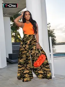 Women's Wins Camouflage Printed Wide Leg Pants, Womenswear, Loose Fit High Waist, Elegant Aesthetic All Season Clothing, Perfect for Summer