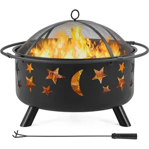 Yaheetech Outdoor Iron Fire Pit 36in/30in  Round Metal with Mesh Screen, Rain Cover, Spark Screen & Fire Poker, Oil-Rubbed Bronze Finish