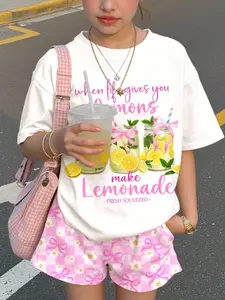 Teen Girls Summer Fruit Bow Lemon Tea Pattern Short Sleeve Round Neck T-Shirt + Shorts Set, Casual Minimalist Vacation Style, Casual Fashion Set