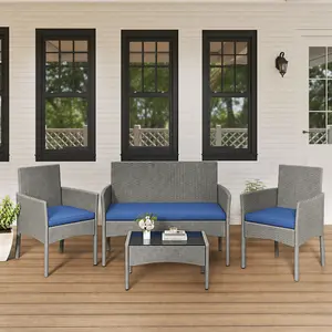 【Smart Buy】Costoffs 4-Piece Outdoor Reception Set with 1/2-Seat Sofa 2 Single-Seat Sofas & Coffee Table Patio Rattan Furniture Tempered Glass Top Cozy Garden Seating summervibes