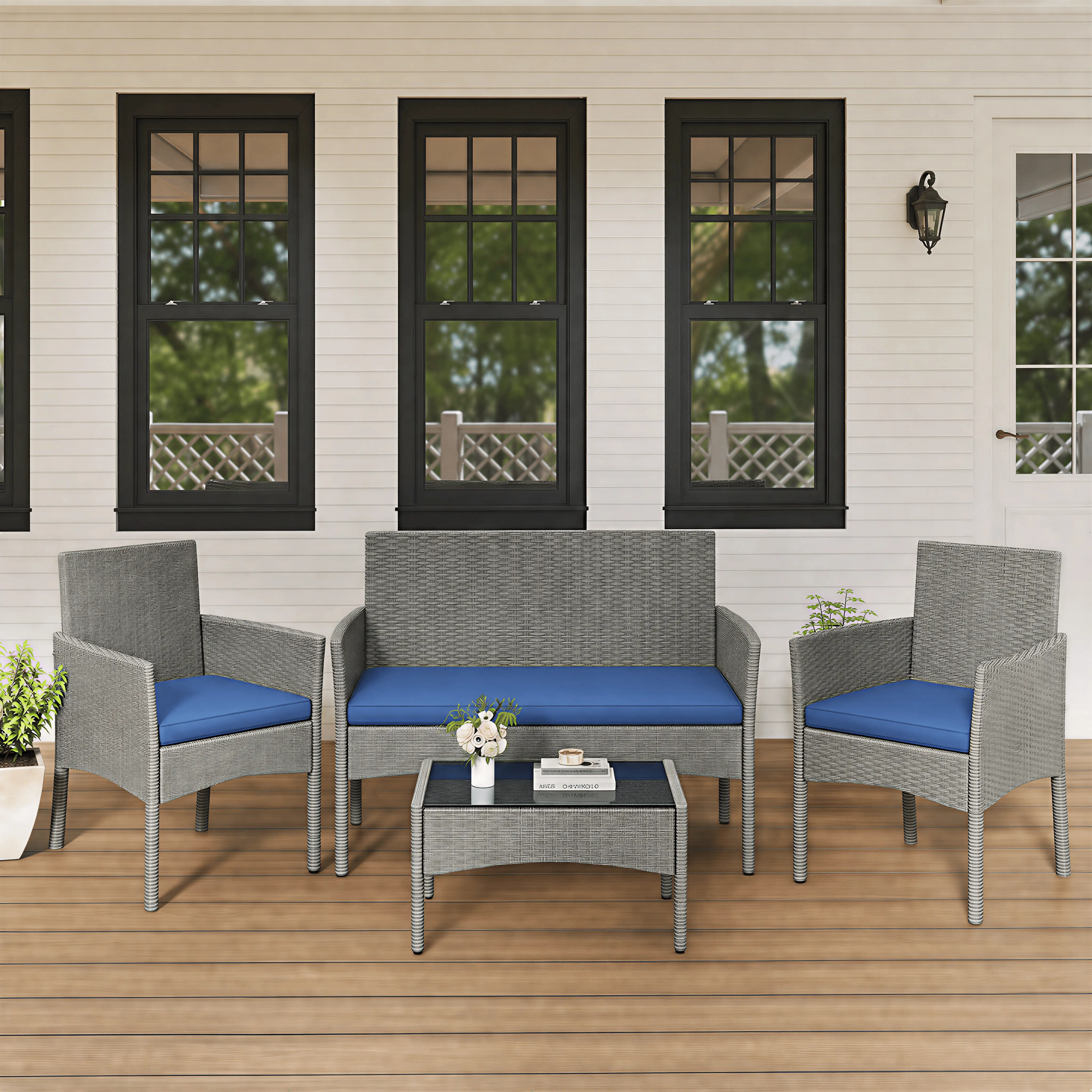 【Smart Buy】Costoffs 4-Piece Outdoor Reception Set with 1/2-Seat Sofa 2 Single-Seat Sofas & Coffee Table Patio Rattan Furniture Tempered Glass Top Cozy Garden Seating,outdoorfurnitureset