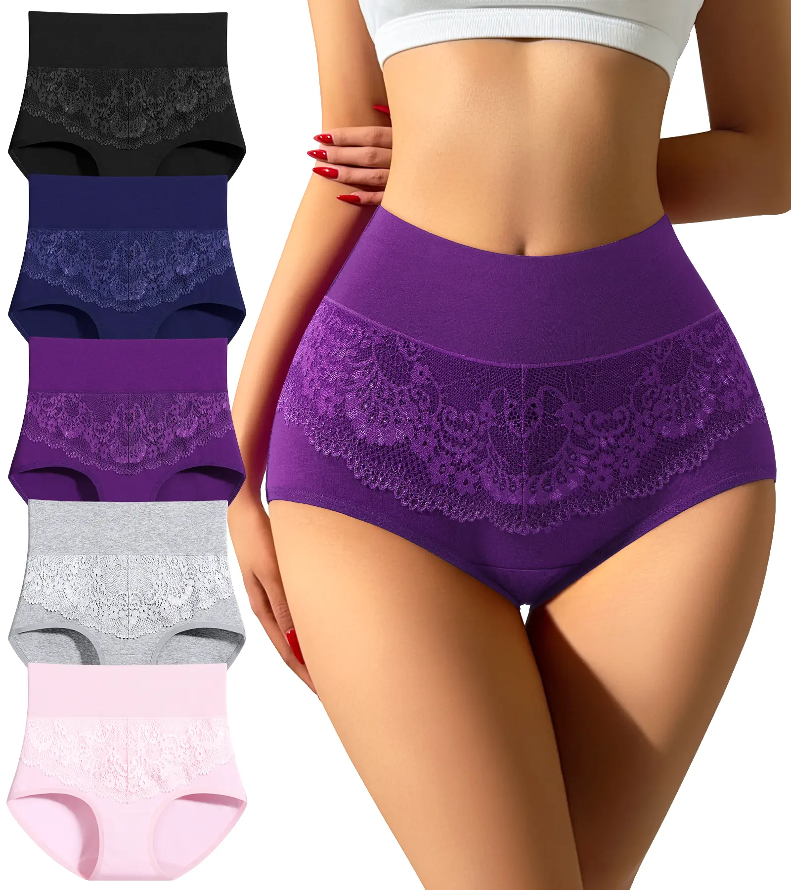 Women's High-Waisted Cotton Briefs - 5-Pack, Slight Tummy Control, Postpartum Use, Full Coverage, Breathable, Comfortable, Cotton Base Fabric Briefs, Double Layer Crotch, Machine Washable, No Chafing, Plus Size