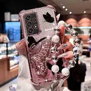 A23 5G Elegant PC Fashion Strap Lanyard Phone Holder Case For Compatible With Samsung Galaxy A23 5G Beautiful Black Butterfly Stand Cover