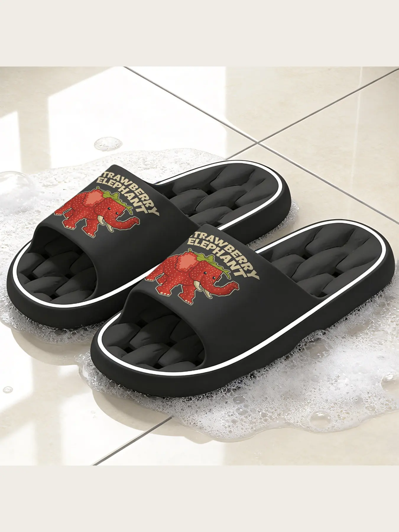 Blocky Strawberry Elephant Graphic Slides, Cute Retro Pixel Art Animal Fruit Design Non Slip Soft Sole Open Toe House Slippers, Casual Indoor Outdoor Cozy Lightweight Slipper Shoes For Men Women Unique Fun Footwear