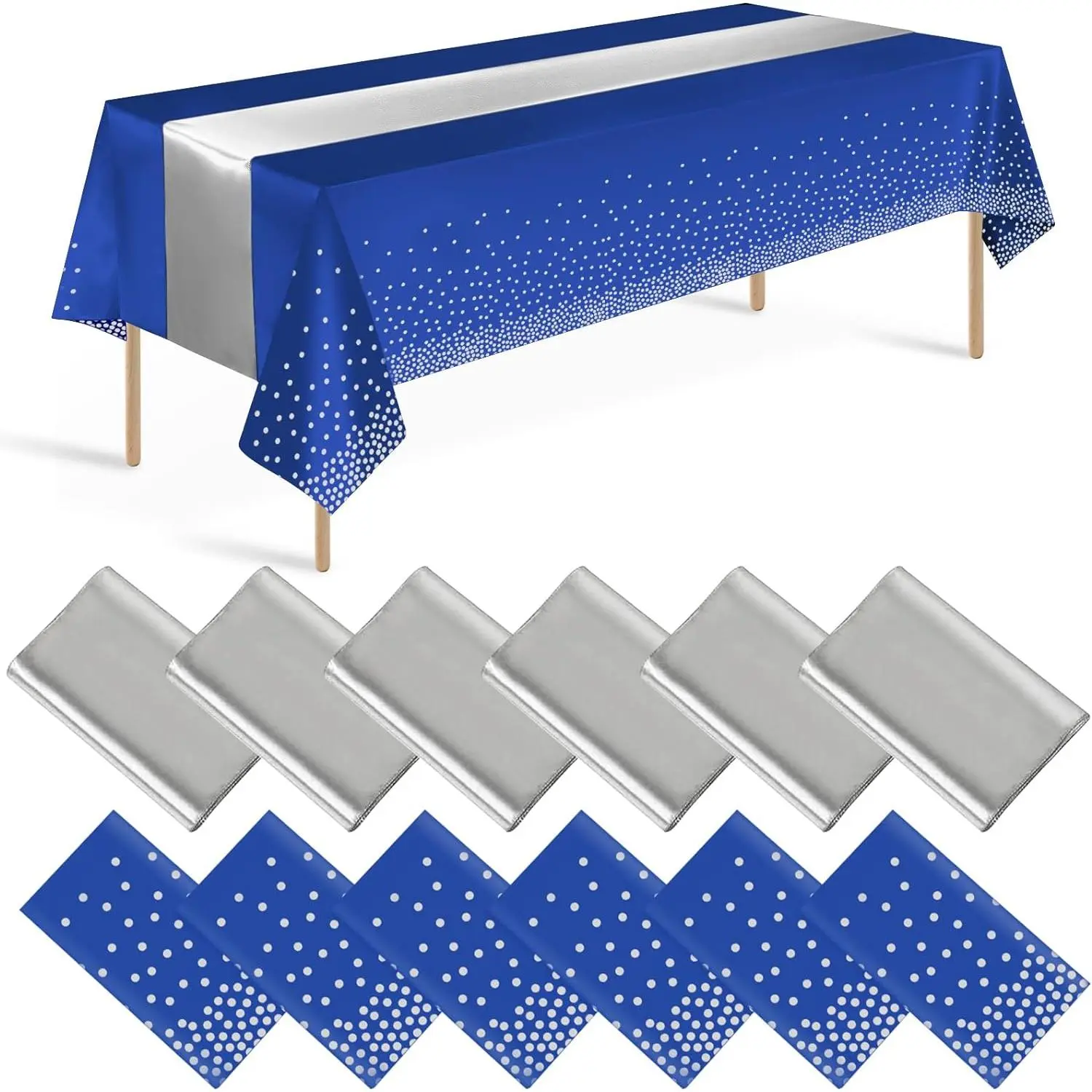 12-Pack Classic Blue & Silver Disposable Plastic Tablecloth and Satin Table Runner Set, Waterproof, Lightweight Rectangle Home Festive Party Decorations for Wedding, Birthday Celebrations