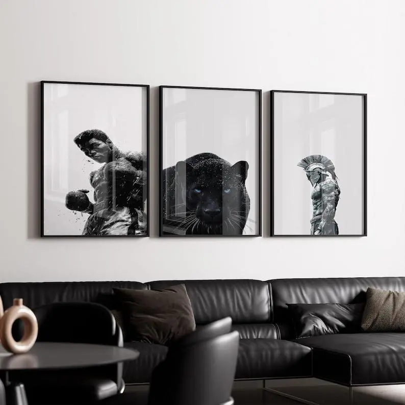 Muhammad Ali Spartan Black Panther Wall Art Set of 3, Motivational Power Prints, Monochrome Warrior Poster,  Home Décor #183