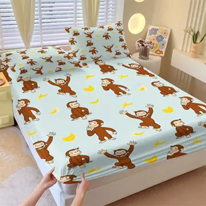 Curious George Theme Fitted Sheet Set, Including 1 Fitted Sheet & 2 Pillowcases, Iconic Playful Monkey & Yellow Banana Pattern, Deep Pocket Design, Bedding Set for Kids Bedroom Decor, Perfect Gift for Cartoon Lovers