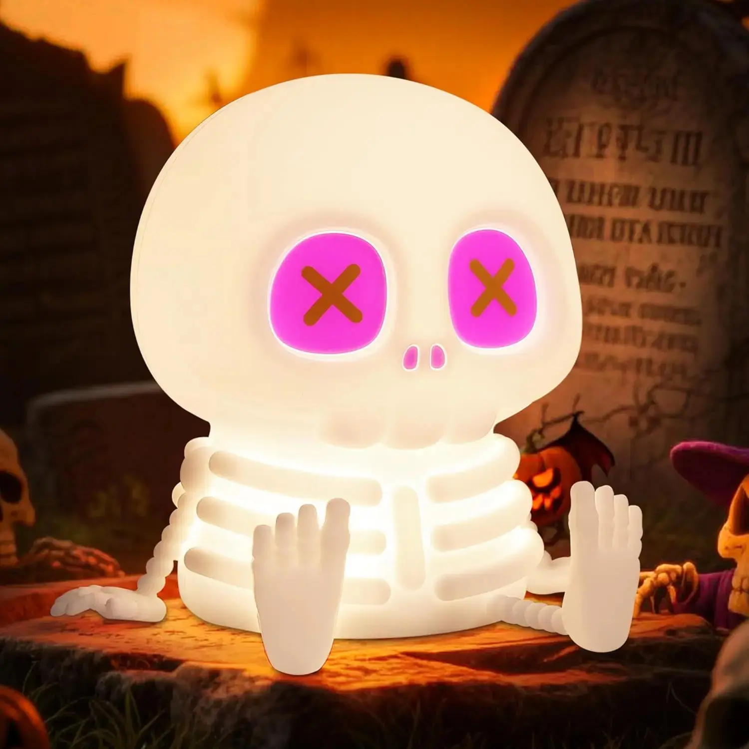 Halloween Skeleton Night Light, Silicone Skull Lamp, Touch Control LED Bedside Lamp with 2-Level Warm Light for Bedroom Desk, Spooky Gothic Room Decor & Halloween Gift