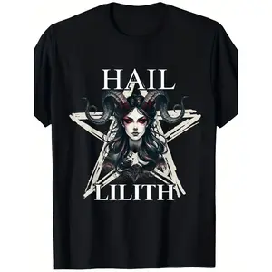 Gothic Lilith Demon Mother Occult T Shirt Featuring Snake Print and Round Neck Casual Knit Top Suitable for All Seasons