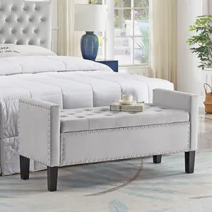48‘’ Velvet Modern Upholstered Tufted Button Storage Bench with Arms for Bedroom,Entryway Living Room Soft Padded Seat -Gray