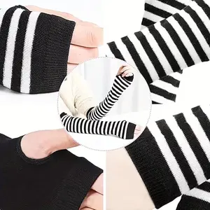 6 Pairs of Long Striped Fingerless Gloves, Punk Y2K Style Knitted Fingerless Mitts with Thumb Holes