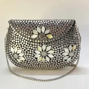 Mosaic Metallic Clutches with Floral Design and Chain Strap for Elegant Occasions