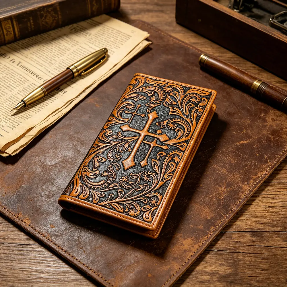 Vintage Men Floral Embossed Genuine Leather Wallet Western Full Grain Slim Long Bifold Checkbook Credit Card Holder With Multi Card Slots, Ideal Gift For Men