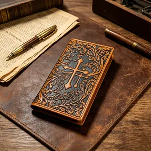 Vintage Men Floral Embossed Genuine Leather Wallet Western Full Grain Slim Long Bifold Checkbook Credit Card Holder With Multi Card Slots, Ideal Gift For Men