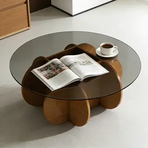 Modern Round Coffee Table 31.5" Diameter Tempered Glass Top Walnut Finish Easy Install No Tools Required Stylish Medieval Style Center Table