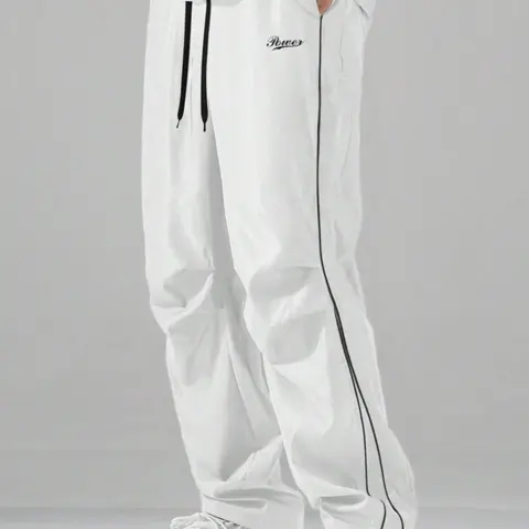 Men's Y2K White Polyester Wide-Leg Sweatpants - "Power" Embroidered All-Seasons Men's Clothing, Casual Activewear Sportswear Bottoms, Machine Washable Pants