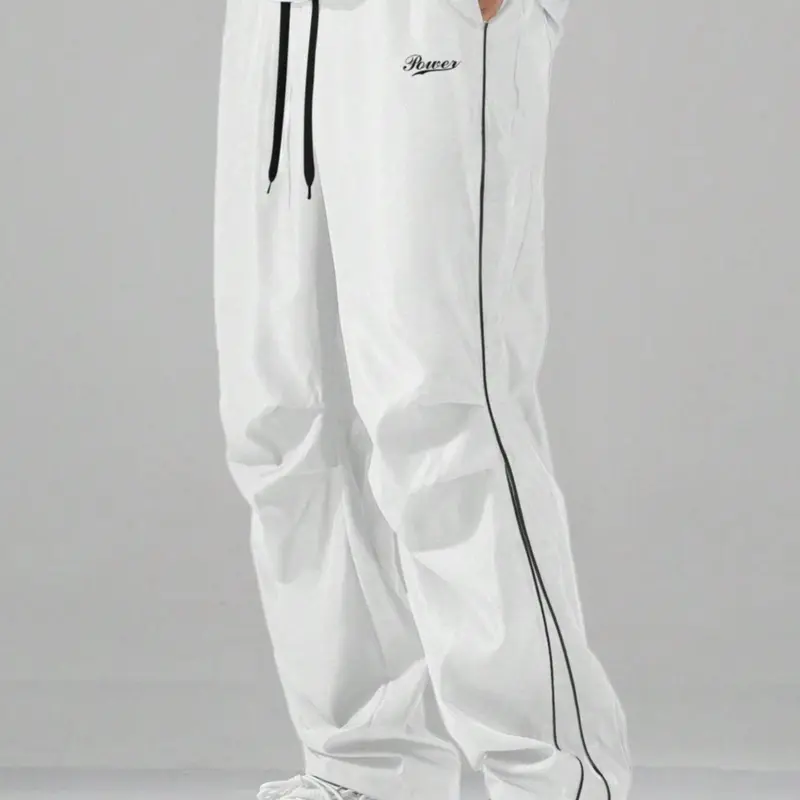 Men's Y2K White Polyester Wide-Leg Sweatpants - "Power" Embroidered All-Seasons Men's Clothing, Casual Activewear Sportswear Bottoms, Machine Washable Pants