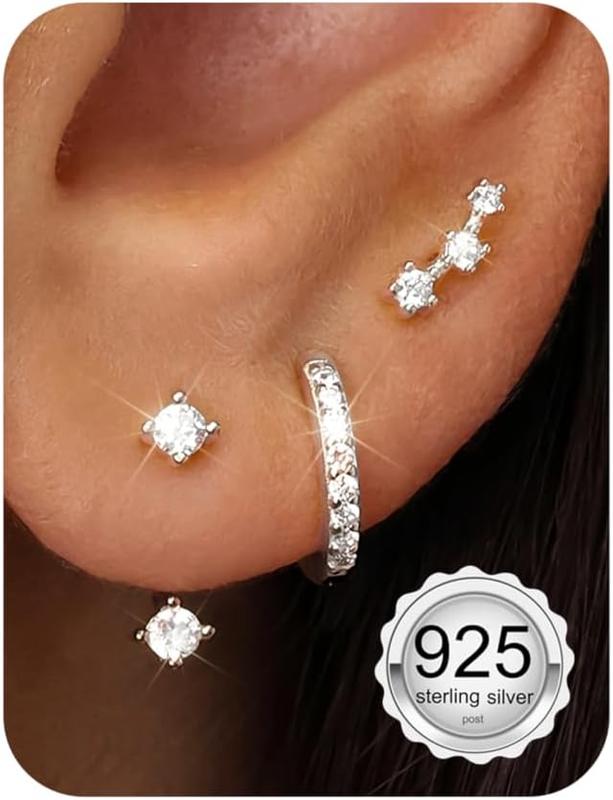 FIASASO 3 Pairs 925 Sterling Silver Hypoallergenic Earrings for Women Trendy - 14K Gold Plated Stud Hoop Cartilage Earrings Set Small Earring Stacks for Sensitive Ears Non Tarnish Dainty Silver Earring