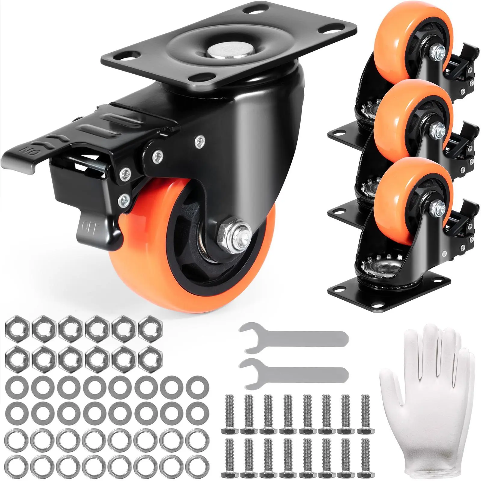 VEVOR Caster Wheels,  3-inch Swivel Plate Casters, Set of 4, with Security A/B Locking No Noise PVC Wheels, Heavy Duty 250 lbs Load Capacity Per Caster, Non-Marking Wheels for Cart Furniture Workbench#BackToSchool