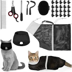 9 Pcs Cat Bathing Bag Set Cat Shower Bag Anti Bite and Scratch for Pet Grooming Washing Brush Comb Muzzle Nail Clipper Nail File Tick Tool(Black)