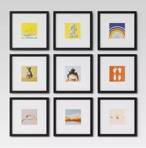 Set of 9 Gallery Frame Set 10" x 10" Matted to 5" x 5" Black