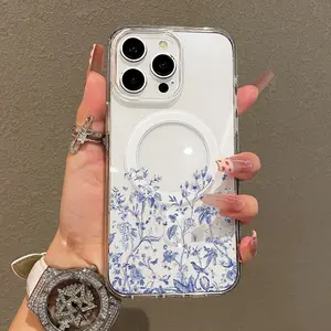 Trendy Magnetic Case for iPhone11/12/13/14/15/16/17/promax, Blue Floral Pattern Ultra Slim, MagSafe Support, Shockproof | Playful & Fun Style