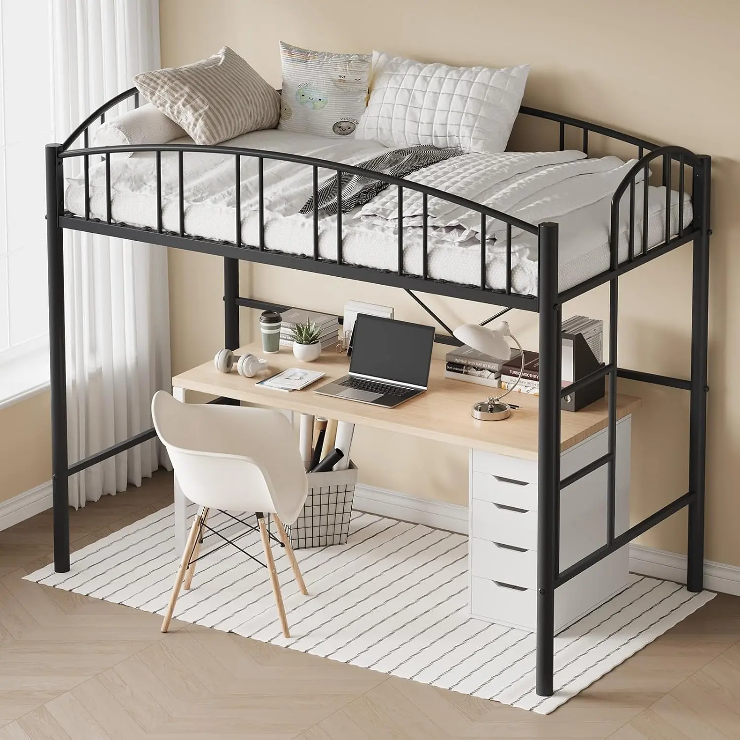 【Christmas Gift】Twin Loft Bed – Heavy Duty Metal Frame with Arched Guardrail and Safety Ladder  Space-Saving  Black