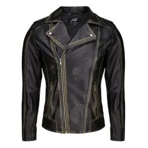 Biker Style Vintage Leather Jacket Men - Casual Fashion Asymmetric Zip-Up Cafe`Racer Waxed Lambskin Leather Motorcycle Jacket