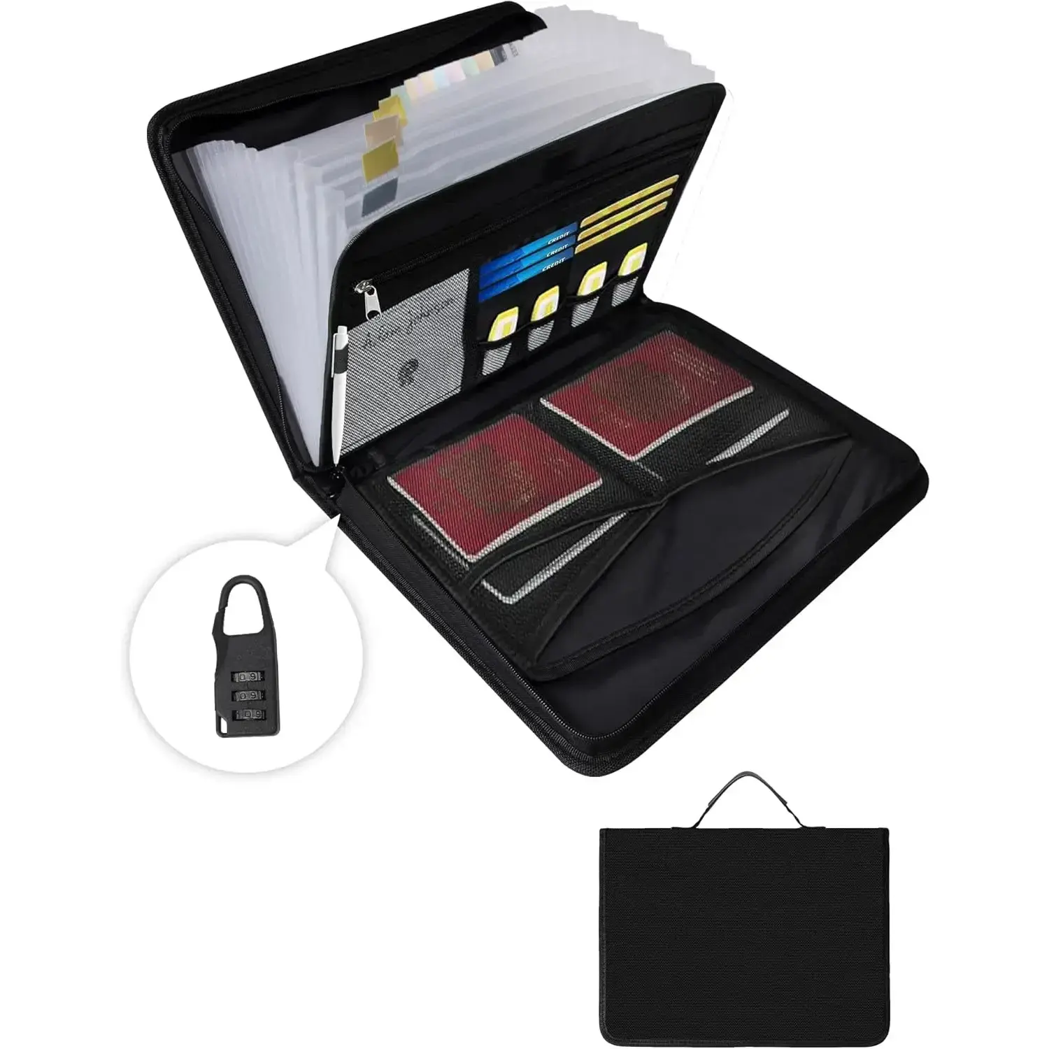 Fireproof Document Organizer Folio - 3-Layer Expanding Accordion File Folder with 13 Pockets, Label Slots, Combination Lock, Dual Zipper, Easy to Carry Safe Holder for Birth Certificates (Office Filing Supplies)