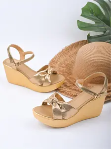 Women's Gold Bow Wedge Sandals | Summer Platform High Heels with Ankle Strap
