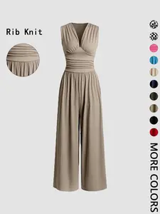 Women's Plain Ruched Deep V Neck Wide Leg Jumpsuit, Casual Sleeveless Ribbed Jumpsuit for Daily Wear, Ladies Clothes for All Seasons