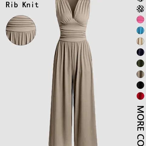 Women's Plain Ruched Deep V Neck Wide Leg Jumpsuit, Casual Sleeveless Ribbed Jumpsuit for Daily Wear, Ladies Clothes for All Seasons, Casual Fashion Jumpsuit, Womenswear Basic Minimalist