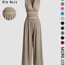 Women's Plain Ruched Deep V Neck Wide Leg Jumpsuit, Casual Sleeveless Ribbed Jumpsuit for Daily Wear, Ladies Clothes for All Seasons, Casual Fashion Jumpsuit, Womenswear Basic Minimalist