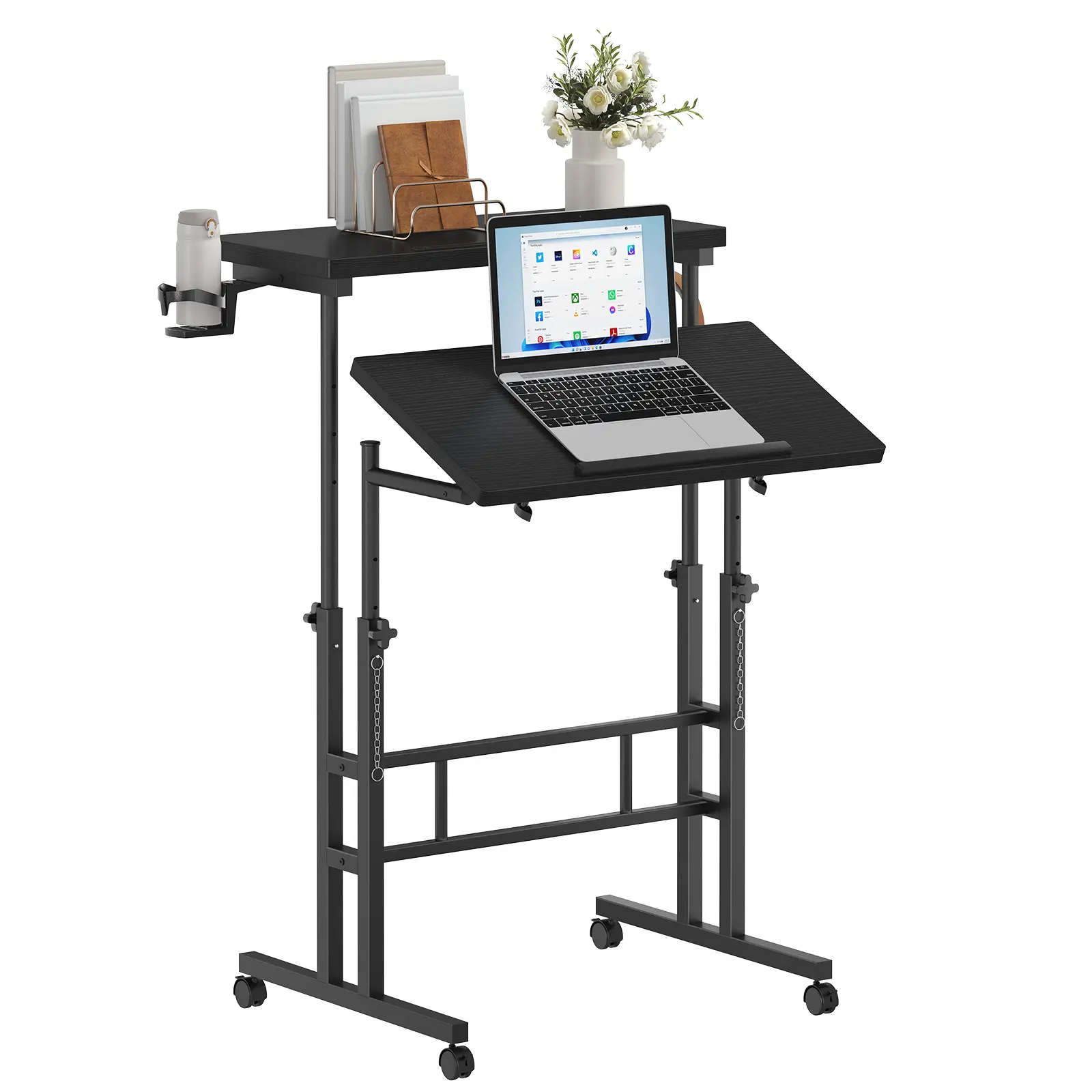 Sweetcrispy Modern Split-Top Manual Height-Adjustable Standing Desk, Moveable Wheel Workstation, Mobile Laptop Office Table, Furniture for Small Spaces, Desk for Bedroom