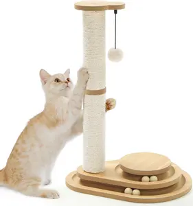 Cat Scratching Post – 2-Tier Sisal Cat Scratcher with Wooden Ball Track & Hanging Ball, Interactive Cat Toy for Indoor Cats, Medium Size Cat Tree for Climbing & Scratching