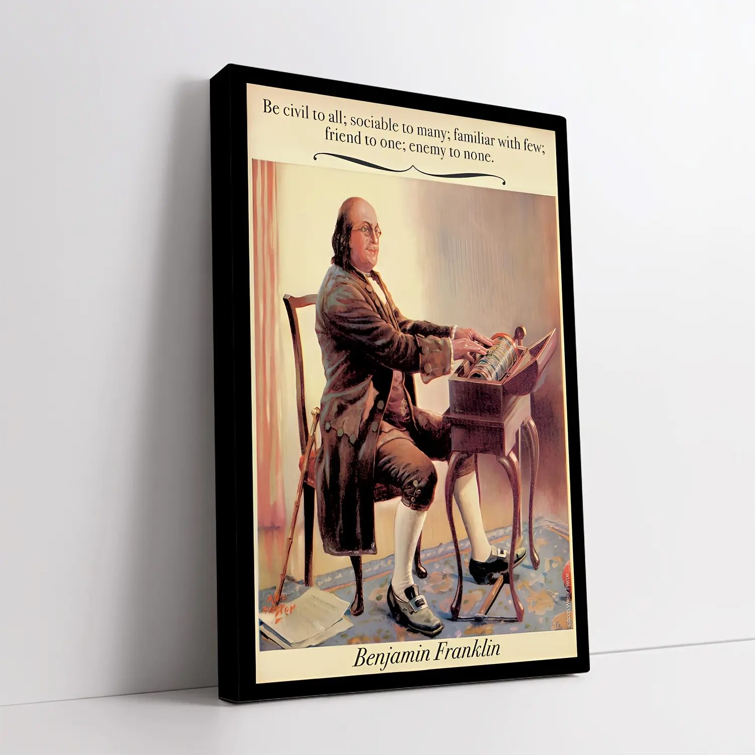 1pc Vintage-Inspired Benjamin Franklin Framed Canvas Print - "Be Civil to All" Quote, 11.8x15.7 inch - Elegant Wall Decor for Living Room & Bathroom, Ideal for Valentine's Day & Holiday Celebrations