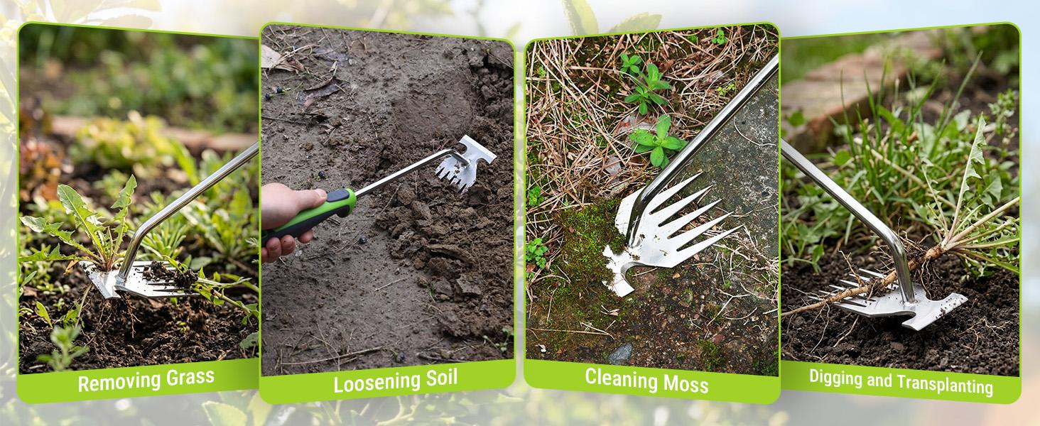 #backtoschool WORKPRO 15-Inch Weed Puller Tool, 6-Tine Heavy Duty Deep Root Remover for Dandelion, Stainless Steel Hand Weeder with Ergonomic Soft Grip for Lawn, Garden, and Yard