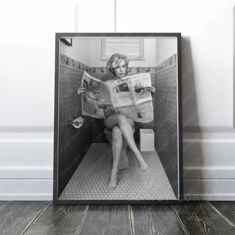 Marilyn Monroe Sitting on Toilet Artistic Letterpress Print - Premium Vintage-Inspired Waterproof Unframed Celebrity Wall Decor, Multi-Size (8x12in,24x36in), Steam-Safe for Showers, Humidity-Safe for Kitchens, PVC Tube Packaged Polka Dot Supplies