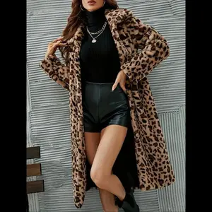 Women's Leopard Print Pocket Faux Fur Coat, Casual Long Sleeve Collared Fuzzy Outerwear for Fall & Winter, Women's Clothing for Daily Wear