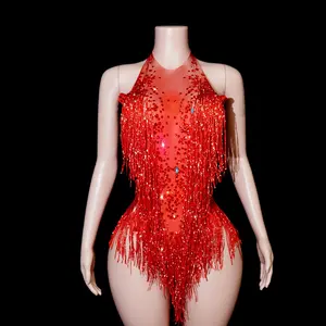 Red Rhinestone Fringe Halter Bodysuit Sexy Latin Dance Costume for Stage Party Nightclub Singer Drag Queen Outfit