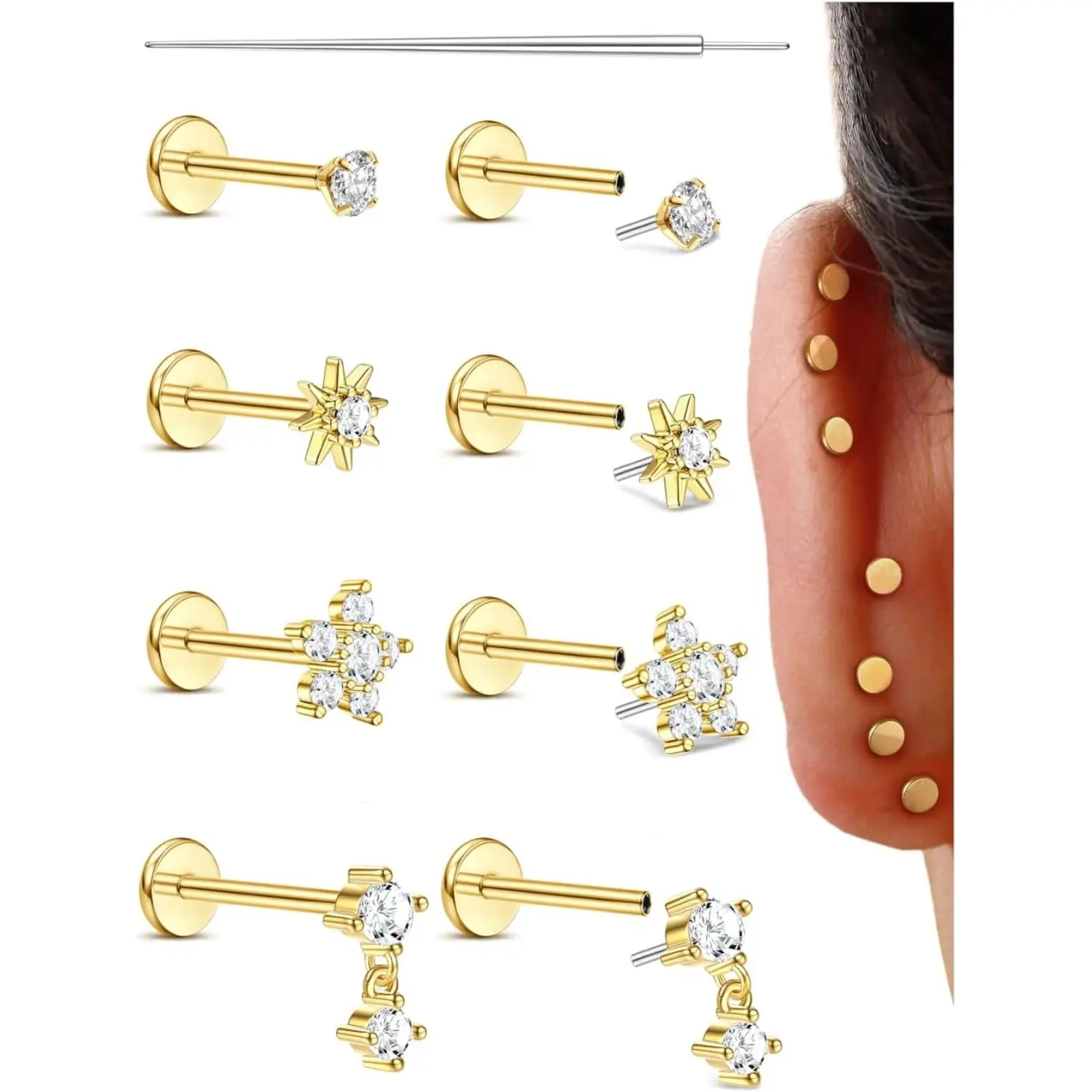 MILACOLATO Threadless Flat Back Earrings Studs 316L Surgical Steel Push in Nose Studs Rings CZ Tragus Cartilage Helix Conch Labret Lip Nostril Medusa Piercing Jewelry Hypoallergenic 20G 18G 16G, Threadless Piercing, Nose Ring summerwins