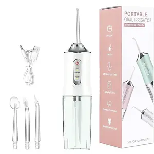 Portable Cordless Water Flosser, 3-Mode Oral Irrigator with 4 Nozzles, IPX5 Waterproof, 220ML Tank, Rechargeable Dental Cleaner for Braces & Oral Care, White/Pink, Portable Water Flosser