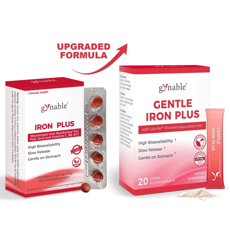 Gynable Gentle Nutritional Supplement Series - Microencapsulated Slow-Release, 27mg Easy-Intake Pleasant Orange Mouth-Dispersible Powder & 18mg Pregnancy-Safe Tablets, High Bioavail. for Iron Deficiency, Blood Health Support