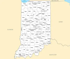 Map of Indiana IN - County Map with selected Cities and Towns - Peel and Stick Wall Decal