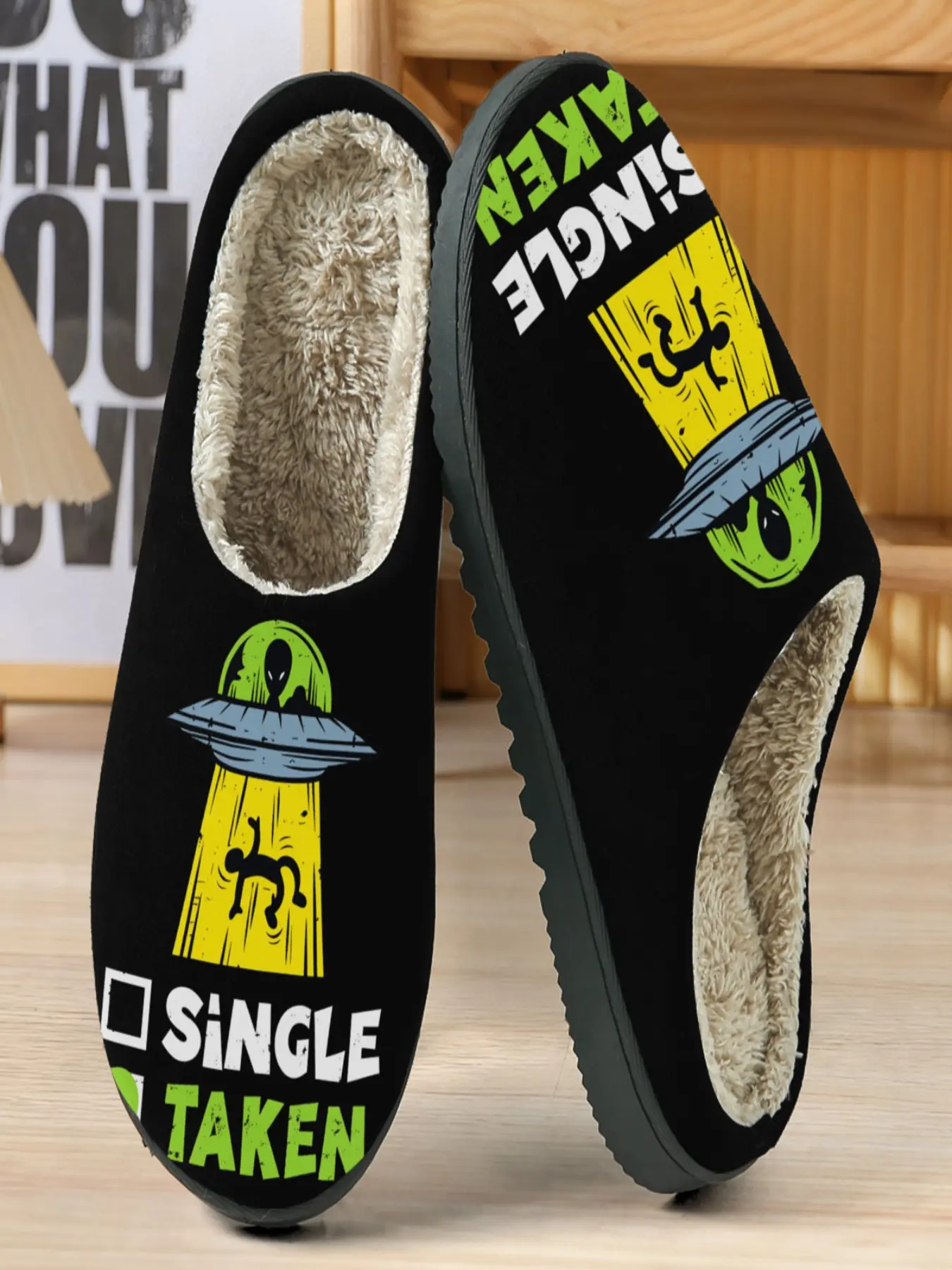 Alien Singles Humor Cotton Slippers, Bottom Ufo Illustration, Fuzzy Lining Warm, Casual Home Fun for Alien Enthusiasts