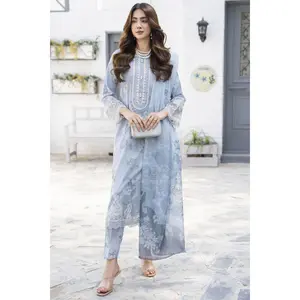 3pc Powder Blue Lawn Ready to Wear Pakistani Women Summer Dress by Zaiwa – LTZ4
