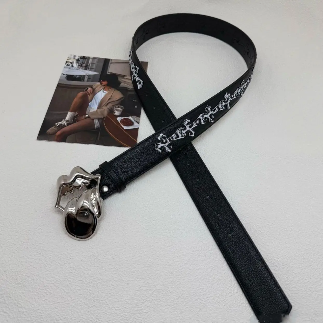 Black Leather Rock Style Belt Tongue Lips Statement Buckle Punk Biker Fashion Accessory Gothic Alternative Waist Belt Unisex