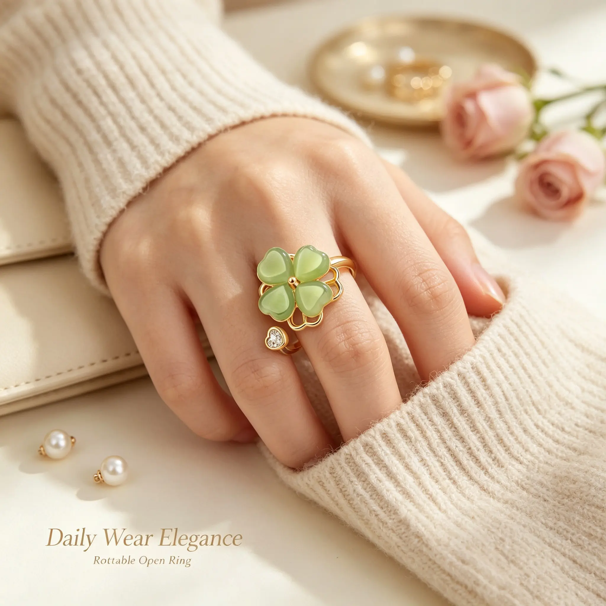 Women's Gold Green Cat Eye 4-Leaf Clover Rotatable Open Adjustable Anti-Anxiety Fidget Ring - Costume Jewelry for Daily Wear, Birthday Gift