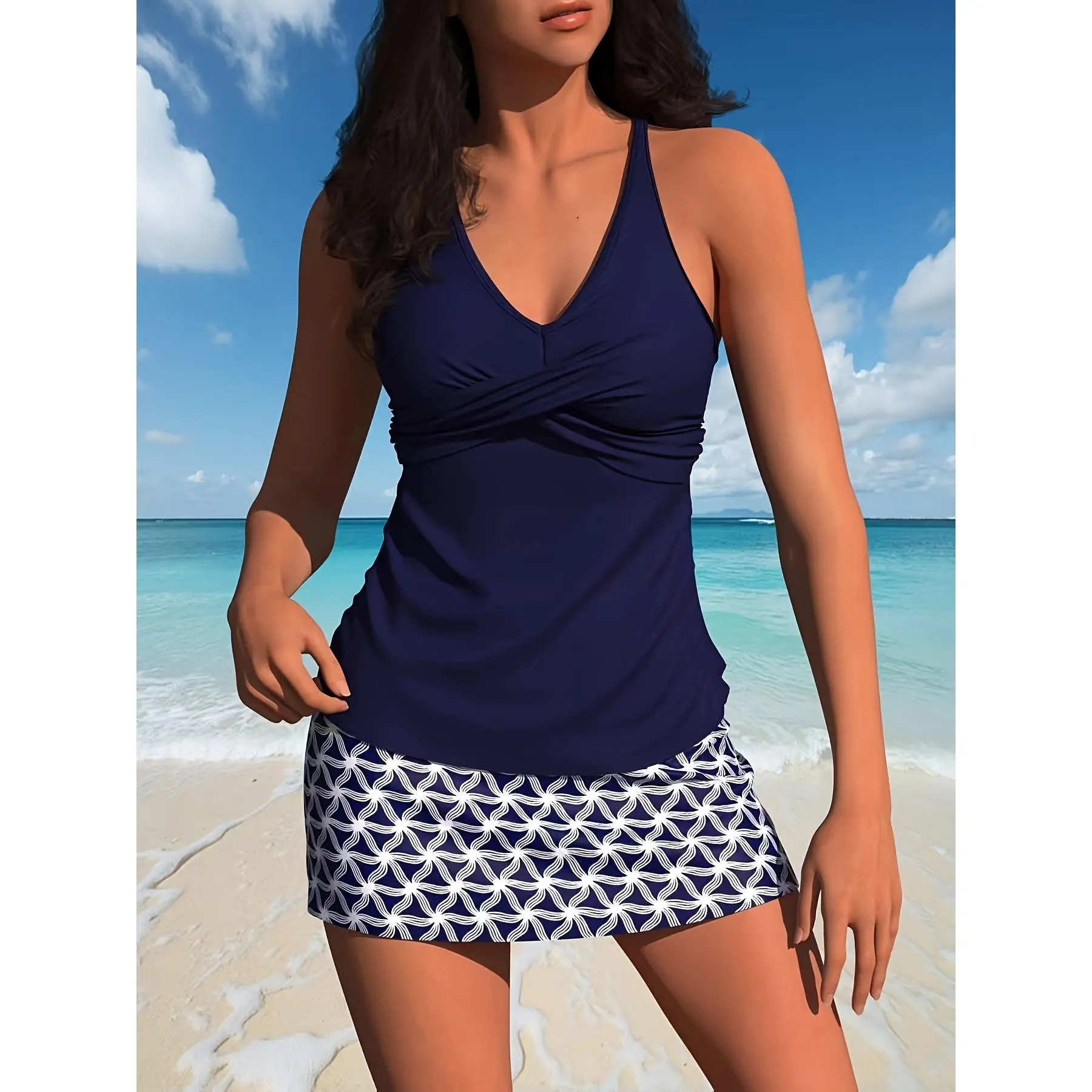 Women's Plus Size 2-Piece Tankini Swimsuits - Twist Front, Skirted Bottom, Tummy Control, Modest Casual Elegant Floral Swim Set for Beachwear
